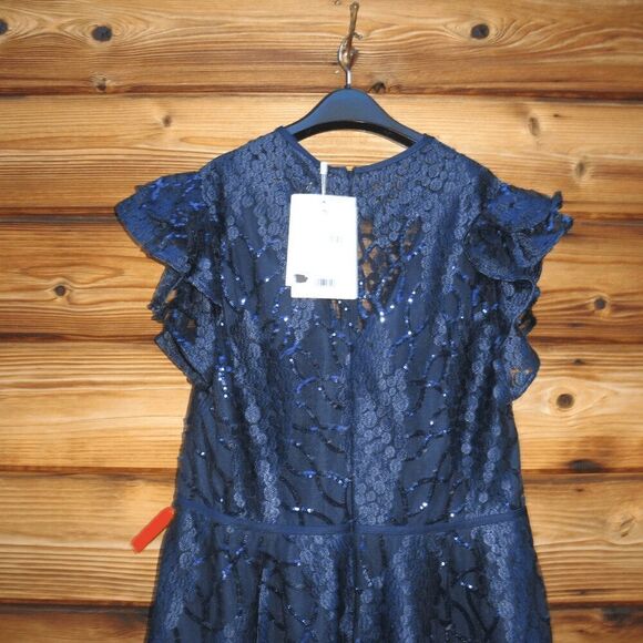 Mac Duggal 12467  Flutter Sleeve Sequin Applique Cocktail Dress Blue 16 - Picture 10 of 15